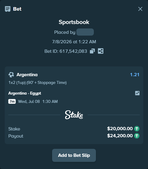 Bet slip: Argentina - Egypt, $20,020.00 stake at 1.21 odds, placed by Maxitr67