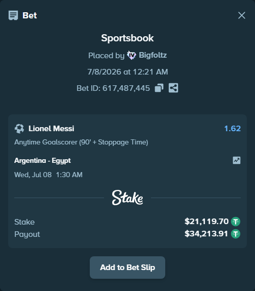 Bet slip: Argentina - Egypt, $21,140.82 stake at 1.62 odds, placed by Bigfoltz