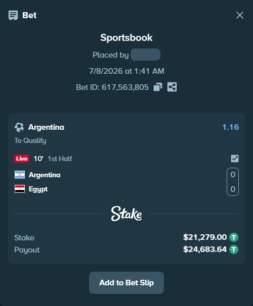 Bet slip: Argentina - Egypt, $21,300.28 stake at 1.16 odds, placed by reggieewellq