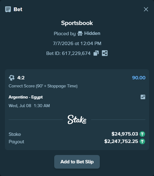 Bet slip: Argentina - Egypt, $25,000.00 stake at 90.00 odds, placed by Hidden