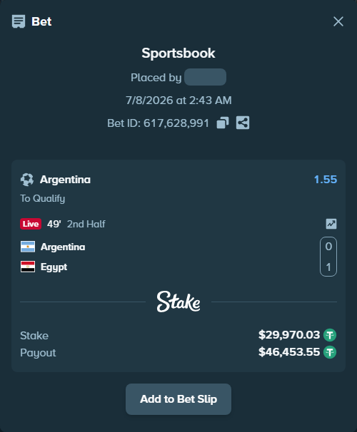 Bet slip: Argentina - Egypt, $30,000.00 stake at 1.55 odds, placed by Adnanejoker