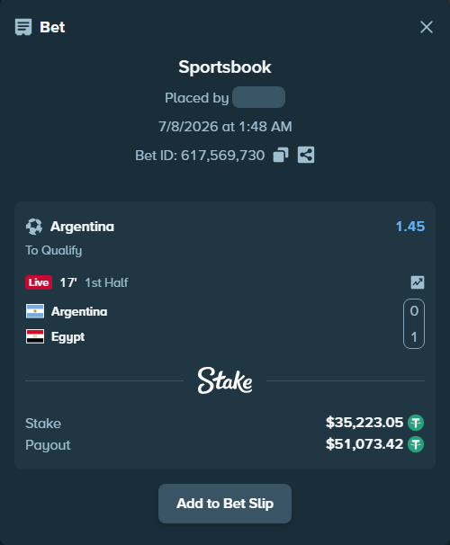 Bet slip: Argentina - Egypt, $35,258.27 stake at 1.45 odds, placed by Bigfoltz