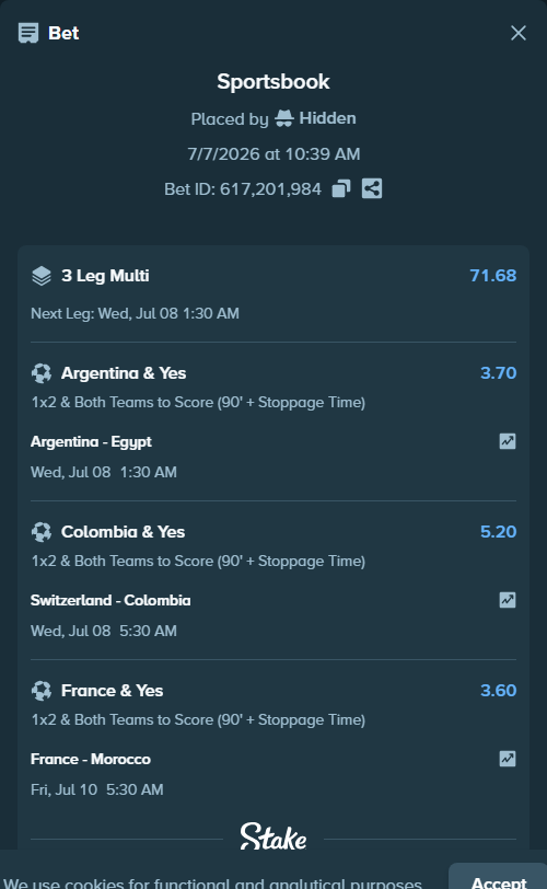 Bet slip: Argentina - Egypt, $41,510.00 stake at 3.70 odds, placed by Hidden