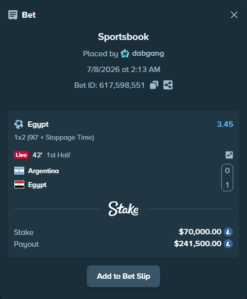 Bet slip: Argentina - Egypt, $71,345.34 stake at 3.45 odds, placed by dabgang