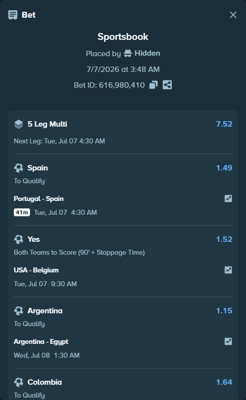 Bet slip: Argentina - Egypt, $80,711.70 stake at 1.15 odds, placed by Hidden