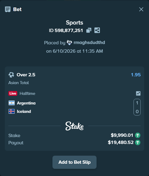 Bet slip: Argentina - Iceland, $10,000.00 stake at 1.95 odds, placed by rmaghsdudthd