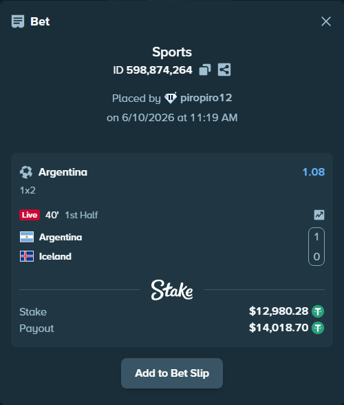 Bet slip: Argentina - Iceland, $12,993.26 stake at 1.08 odds, placed by piropiro12