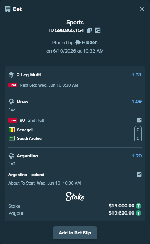 Bet slip: Argentina - Iceland, $15,015.00 stake at 1.20 odds, placed by Hidden