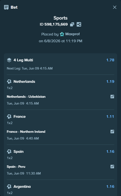 Bet slip: Argentina - Iceland, $20,000.00 stake at 1.16 odds, placed by Maxprof