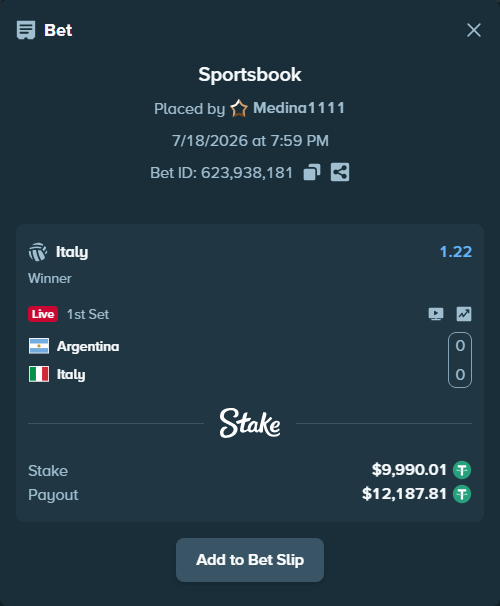 Bet slip: Argentina - Italy, $10,000.00 stake at 1.22 odds, placed by Medina1111