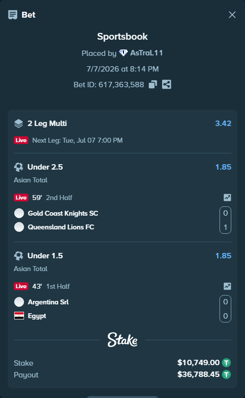 Bet slip: Argentina SRL - Egypt SRL, $10,759.75 stake at 1.85 odds, placed by AsTraL11