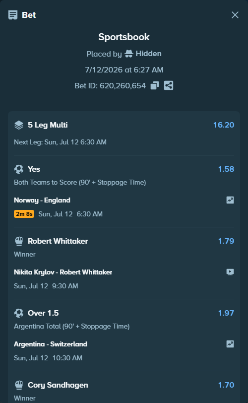 Bet slip: Argentina - Switzerland, $10,000.00 stake at 1.97 odds, placed by Hidden