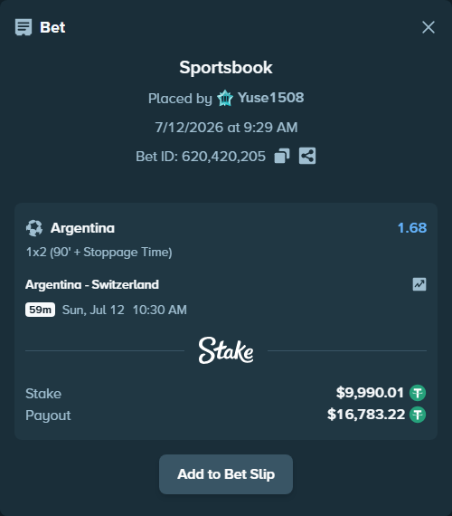 Bet slip: Argentina - Switzerland, $10,000.00 stake at 1.68 odds, placed by Yuse1508