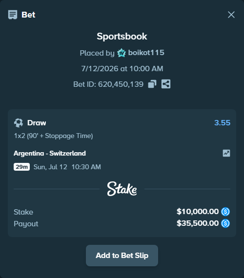 Bet slip: Argentina - Switzerland, $10,000.00 stake at 3.55 odds, placed by boikot115