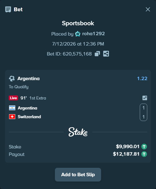 Bet slip: Argentina - Switzerland, $10,000.00 stake at 1.22 odds, placed by roha1292