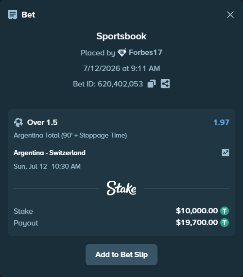 Bet slip: Argentina - Switzerland, $10,010.00 stake at 1.97 odds, placed by Forbes17