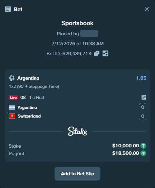 Bet slip: Argentina - Switzerland, $10,010.00 stake at 1.85 odds, placed by 20dg20