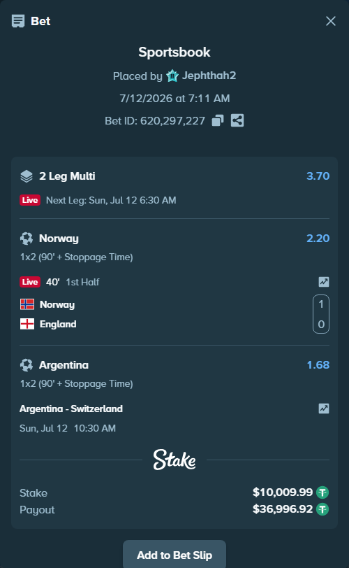 Bet slip: Argentina - Switzerland, $10,020.00 stake at 1.68 odds, placed by Jephthah2