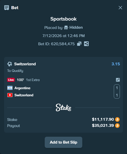 Bet slip: Argentina - Switzerland, $11,170.61 stake at 3.15 odds, placed by Hidden