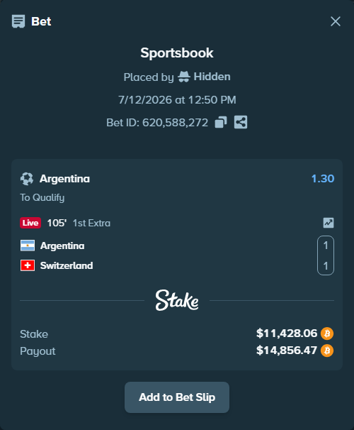 Bet slip: Argentina - Switzerland, $11,482.24 stake at 1.30 odds, placed by Hidden