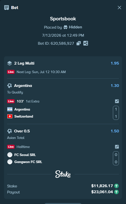 Bet slip: Argentina - Switzerland, $11,838.00 stake at 1.30 odds, placed by Hidden