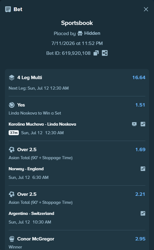 Bet slip: Argentina - Switzerland, $12,000.00 stake at 2.21 odds, placed by Hidden