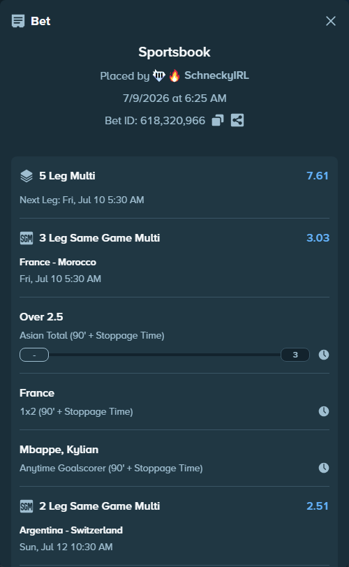 Bet slip: Argentina - Switzerland, $13,263.25 stake at 1.69 odds, placed by SchneckyIRL