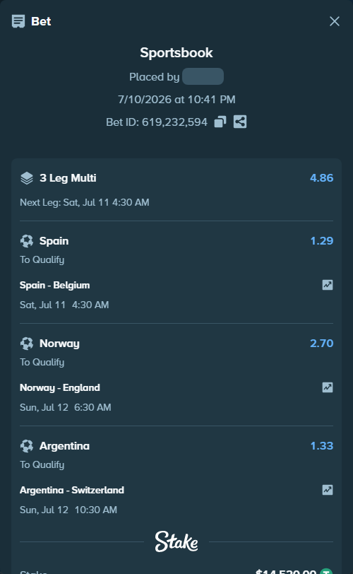 Bet slip: Argentina - Switzerland, $14,534.52 stake at 1.33 odds, placed by Kazlic