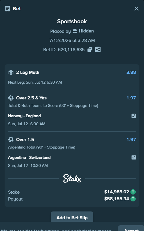 Bet slip: Argentina - Switzerland, $15,000.00 stake at 1.97 odds, placed by RichHalif