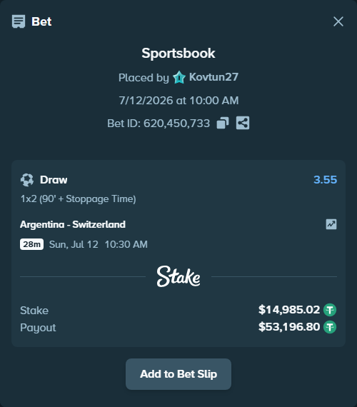 Bet slip: Argentina - Switzerland, $15,000.00 stake at 3.55 odds, placed by Kovtun27