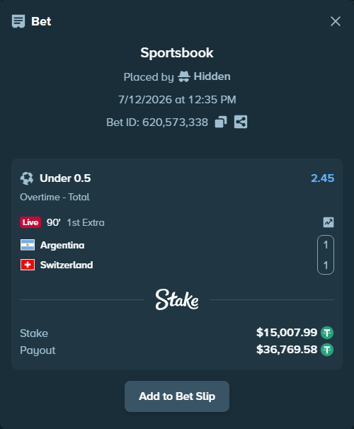 Bet slip: Argentina - Switzerland, $15,023.00 stake at 2.45 odds, placed by Hidden