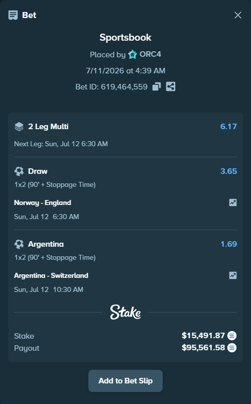 Bet slip: Argentina - Switzerland, $14,534.00 stake at 1.69 odds, placed by ORC4