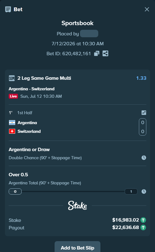 Bet slip: Argentina - Switzerland, $17,000.00 stake at 1.16 odds, placed by RichHalif