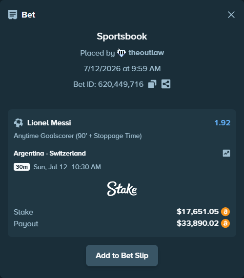 Bet slip: Argentina - Switzerland, $17,791.50 stake at 1.92 odds, placed by theoutlaw
