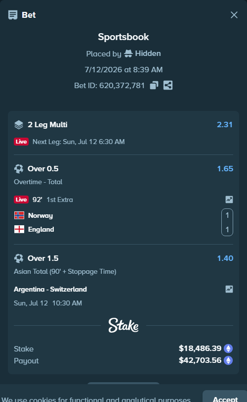 Bet slip: Argentina - Switzerland, $19,406.90 stake at 1.40 odds, placed by Hidden