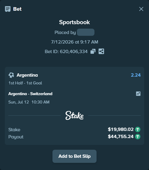 Bet slip: Argentina - Switzerland, $20,000.00 stake at 2.24 odds, placed by ArdianHertica
