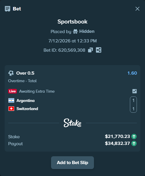Bet slip: Argentina - Switzerland, $21,792.00 stake at 1.60 odds, placed by Hidden