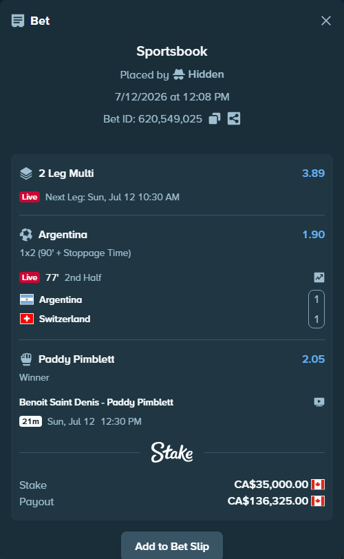 Bet slip: Argentina - Switzerland, $25,900.00 stake at 1.90 odds, placed by Hidden