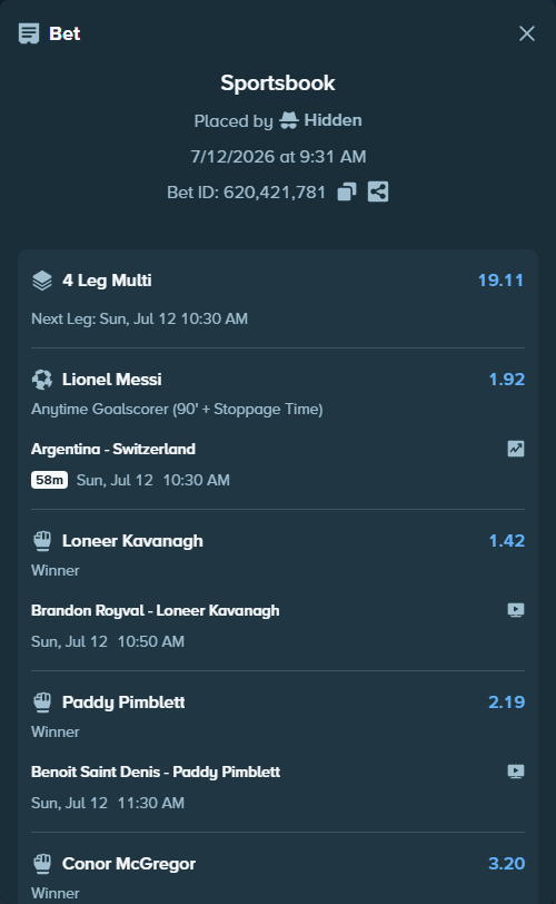 Bet slip: Argentina - Switzerland, $30,030.00 stake at 1.92 odds, placed by Hidden