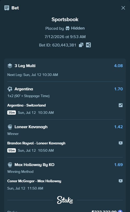 Bet slip: Argentina - Switzerland, $355,448.20 stake at 1.70 odds, placed by Hidden