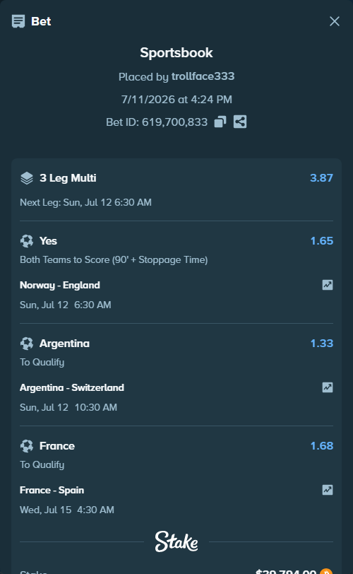 Bet slip: Argentina - Switzerland, $39,880.27 stake at 1.33 odds, placed by trollface333