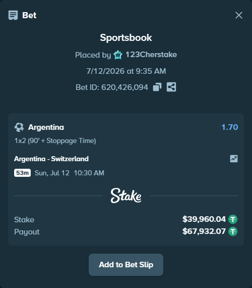 Bet slip: Argentina - Switzerland, $40,000.00 stake at 1.70 odds, placed by 123Cherstake