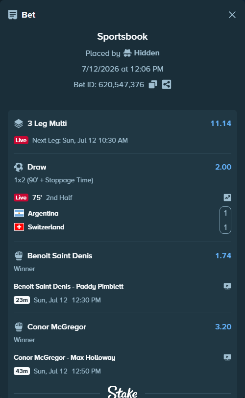 Bet slip: Argentina - Switzerland, $60,000.00 stake at 2.00 odds, placed by Hidden