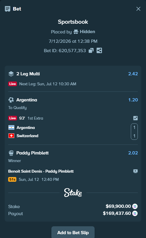 Bet slip: Argentina - Switzerland, $66,187.62 stake at 1.20 odds, placed by Hidden