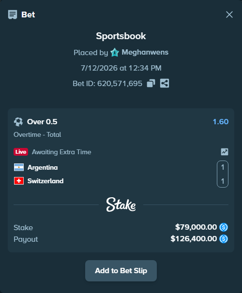 Bet slip: Argentina - Switzerland, $79,000.00 stake at 1.60 odds, placed by Meghanwens