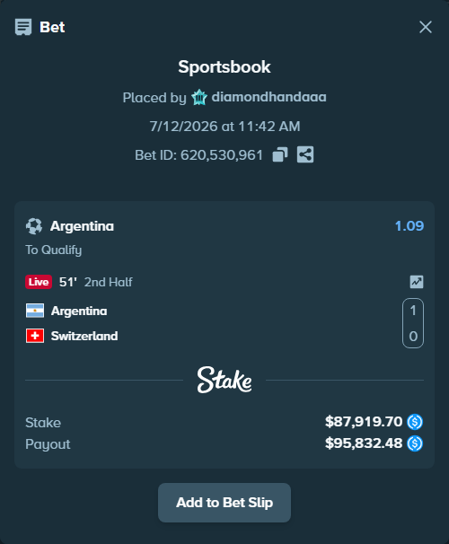 Bet slip: Argentina - Switzerland, $87,919.70 stake at 1.09 odds, placed by diamondhandaaa