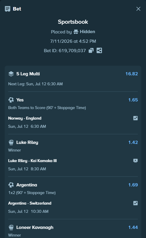 Bet slip: Argentina - Switzerland, $91,643.61 stake at 1.69 odds, placed by Hidden