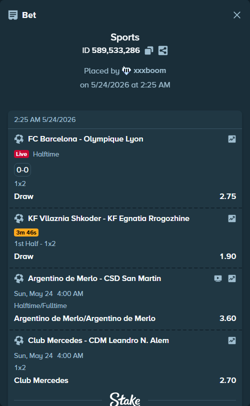 Bet slip: Argentino de Merlo - CSD San Martin, $50,808.43 stake at 3.60 odds, placed by xxxboom