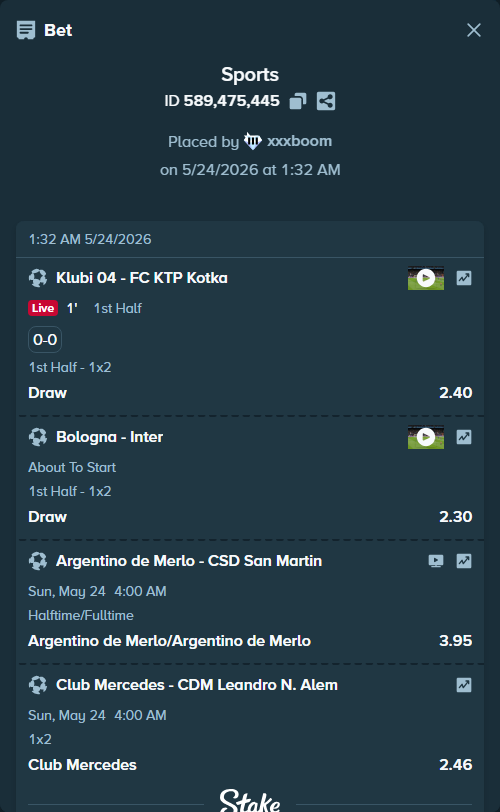 Bet slip: Argentino de Merlo - CSD San Martin, $57,874.95 stake at 3.95 odds, placed by xxxboom