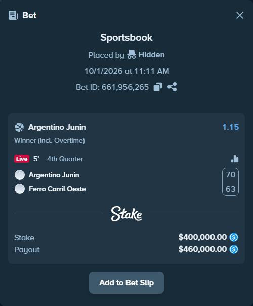 Bet slip: Argentino Junin - Ferro Carril Oeste, $400,000.00 stake at 1.15 odds, placed by Hidden